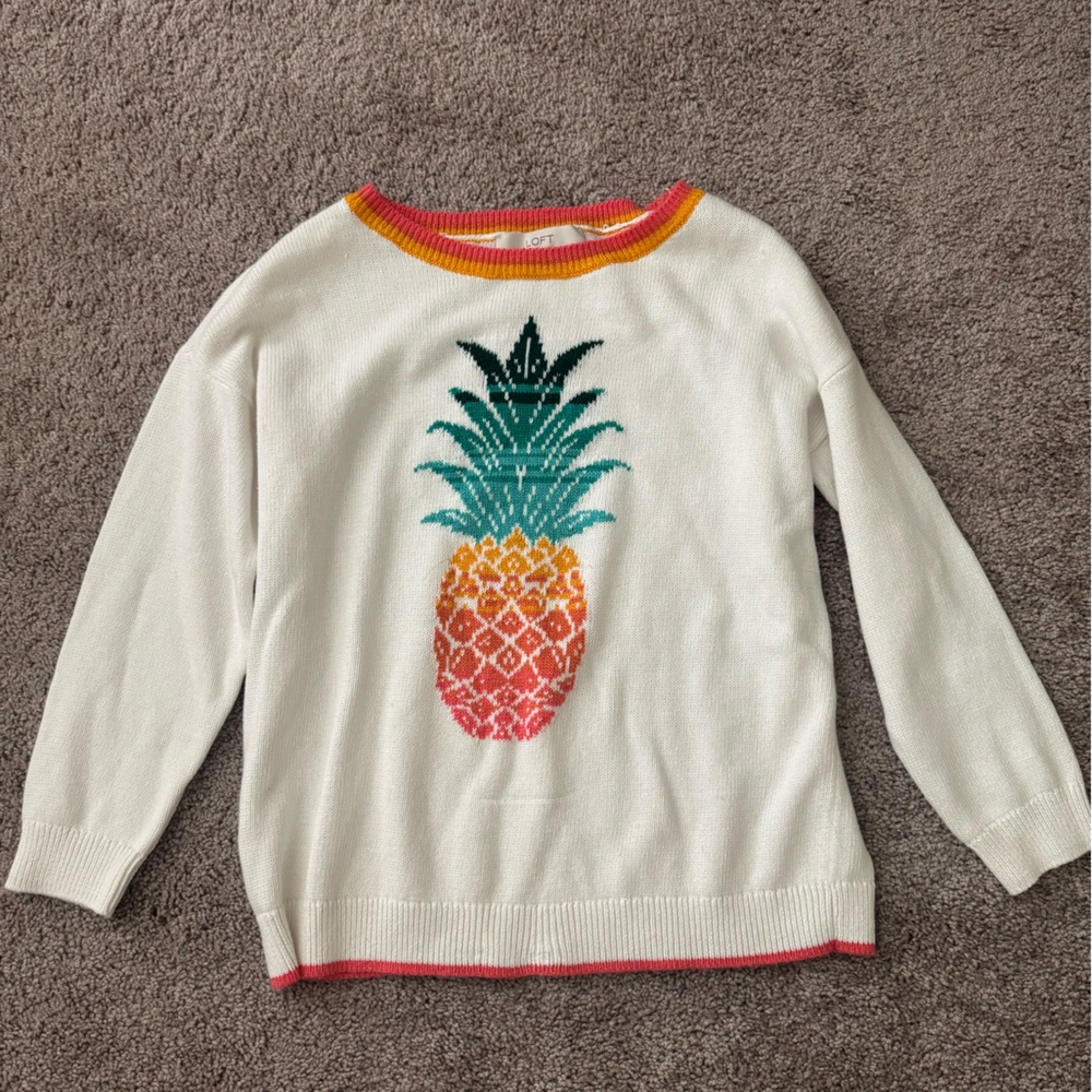 LOFT White Sweater with Pink and Yellow Accents Pineapple tropical XS